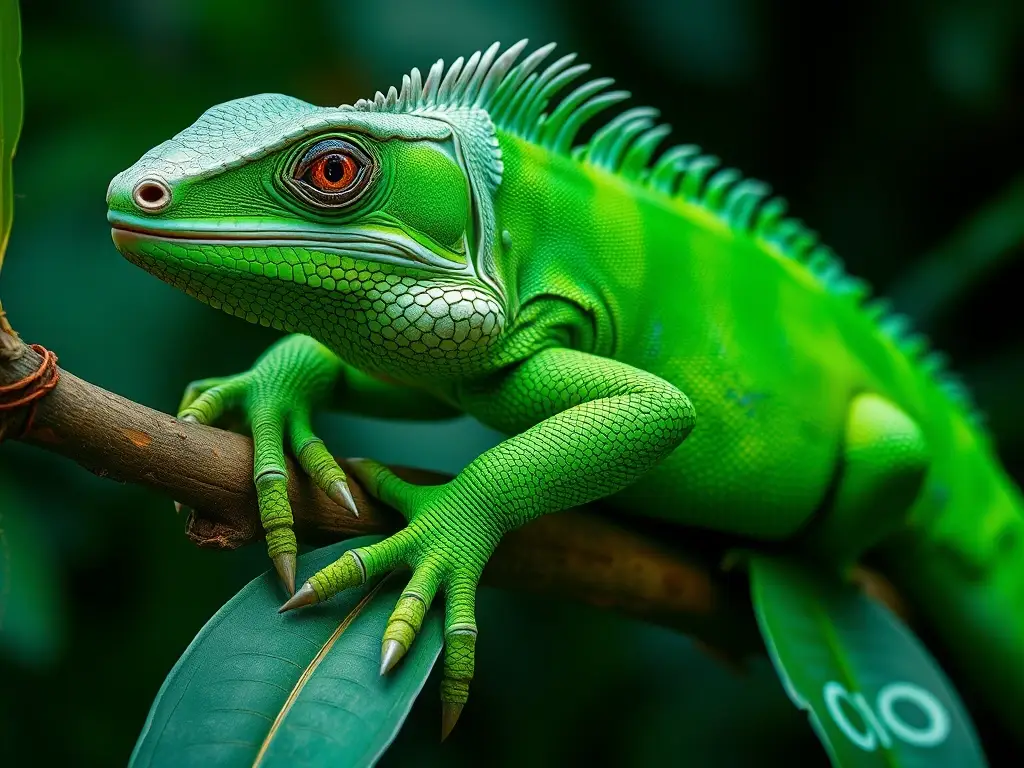 Un iguana verde, realista, en una rama