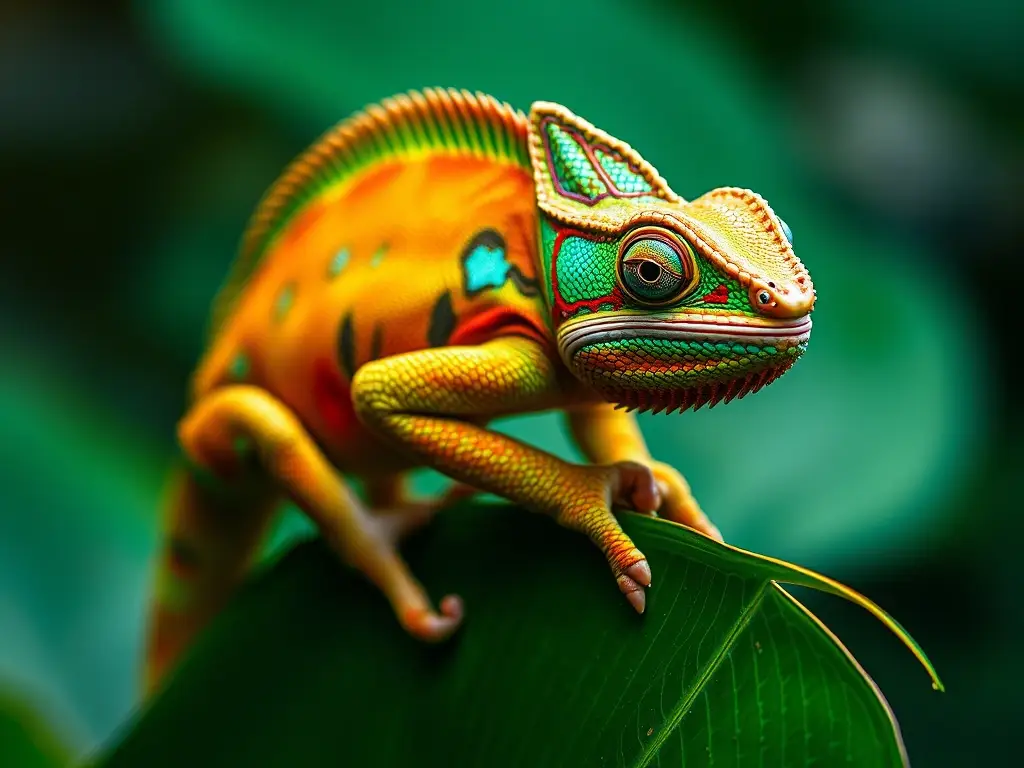 Foto de un chacal multicolor con manchas y colores brillantes en una hoja tropical