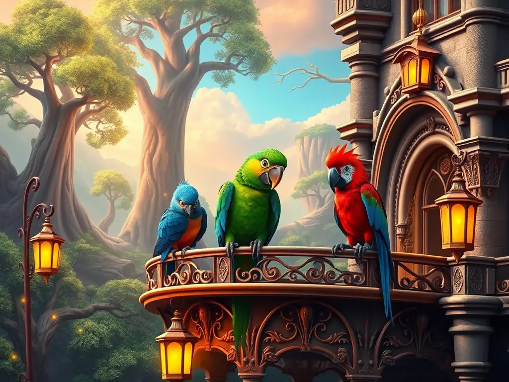 Ilustración de loros en castillo encantado