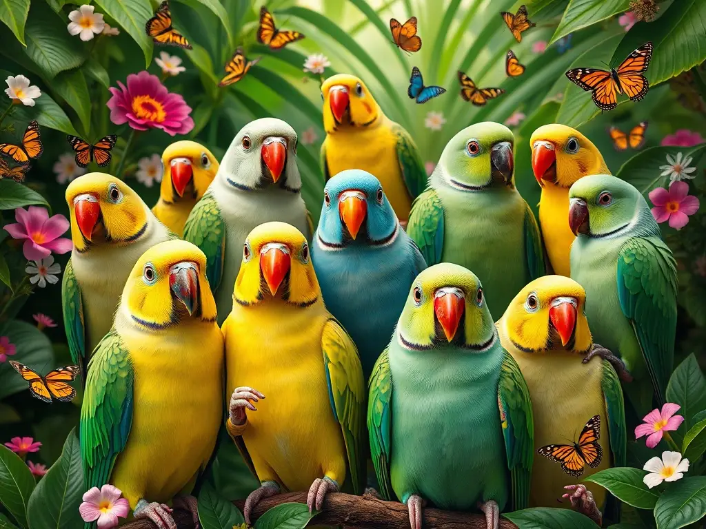 Fotografía realista de parakeetes felices en un jardín tropical