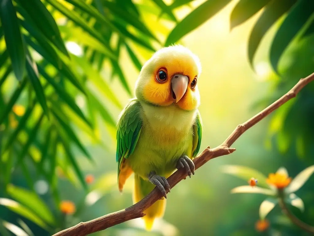 Lindo loro bebé sobre rama tropical vibrante