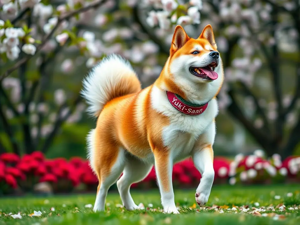 Imagen fotorealista de Akita japonés orgulloso en un jardín de cerezo con nombre local