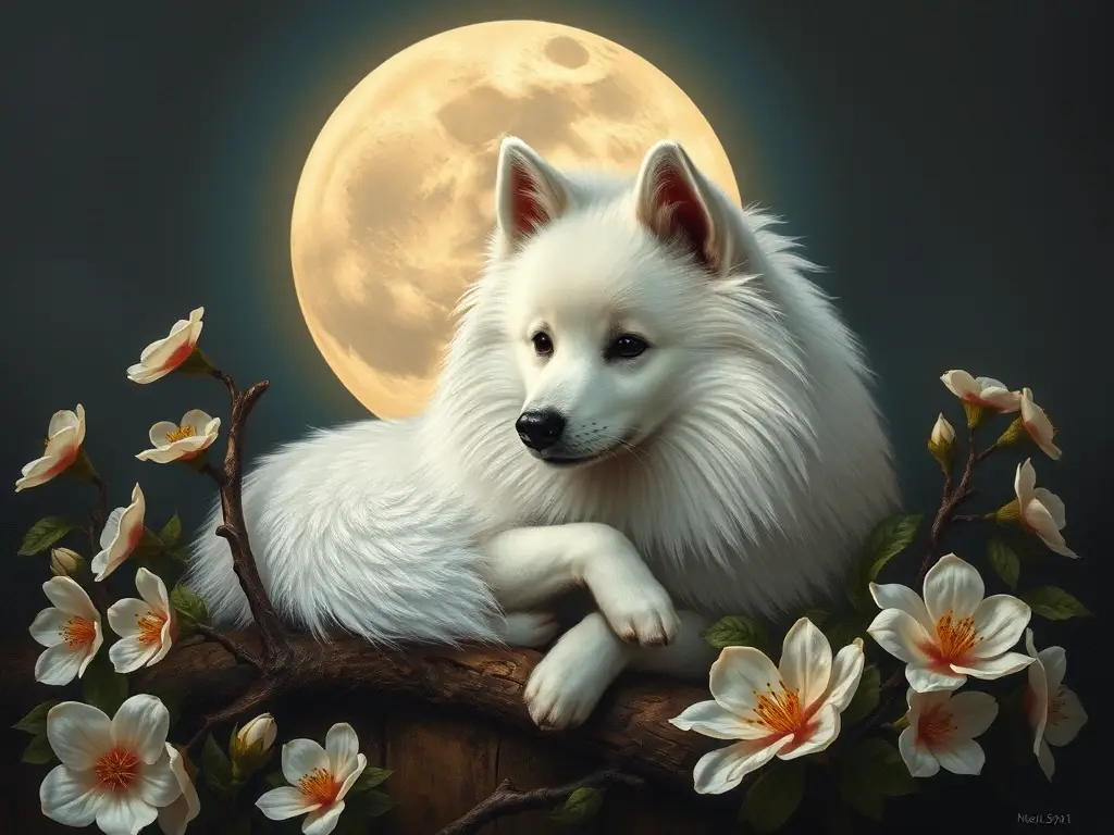 Imagen realista de un Spitz japonés en papel de luna, con flores