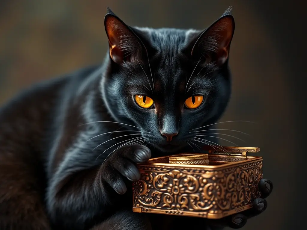 Foto realista de un gato negro mirando una caja de joyería