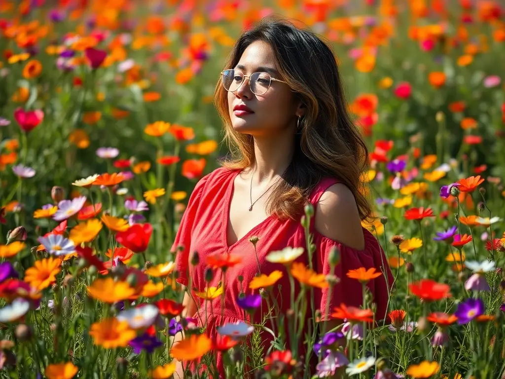 Una mujer en un campo de flores vibrantes