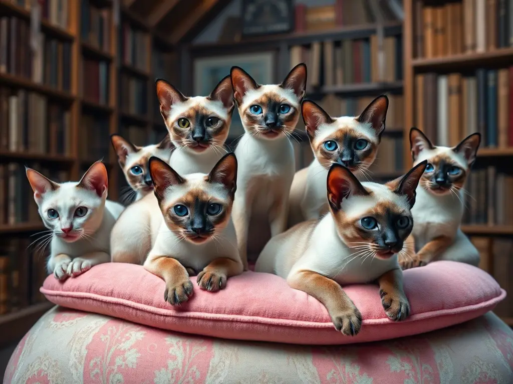 Foto realista de gatos siameses en un libro antiguo con luz tenue