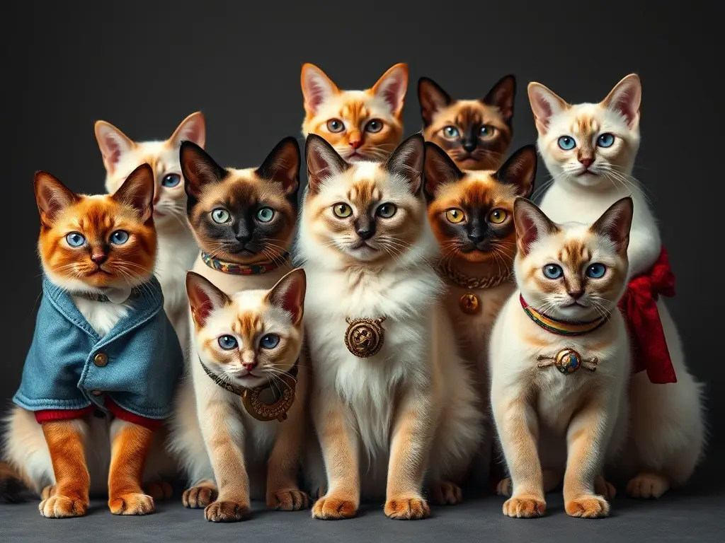 Foto realista de gatos siameses con atuendos coloridos