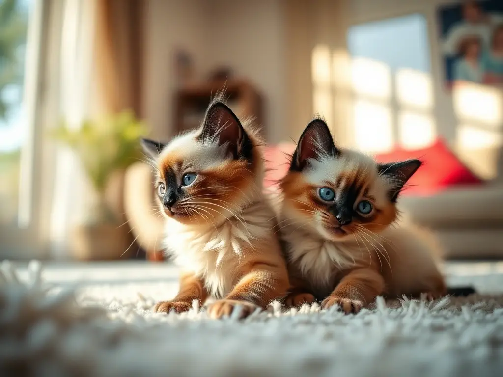 Dos gatitos Siamese juegan en un salón con luz y recuerdos