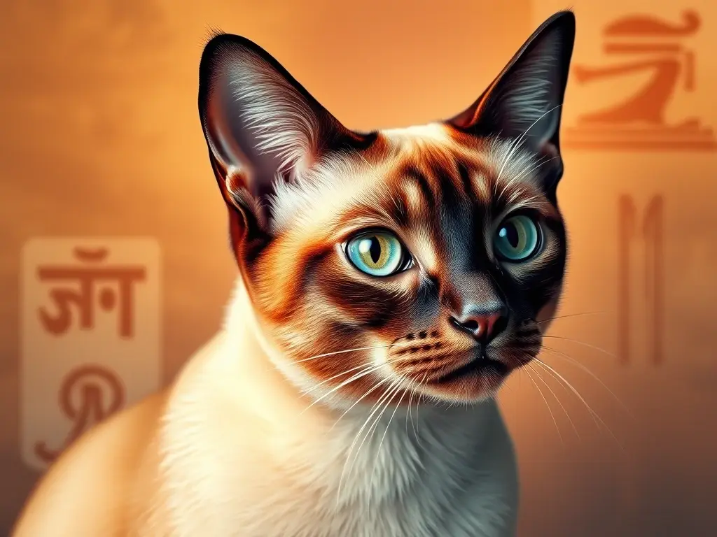 Es un retrato de gato siamés majestuoso e expresamente pintado