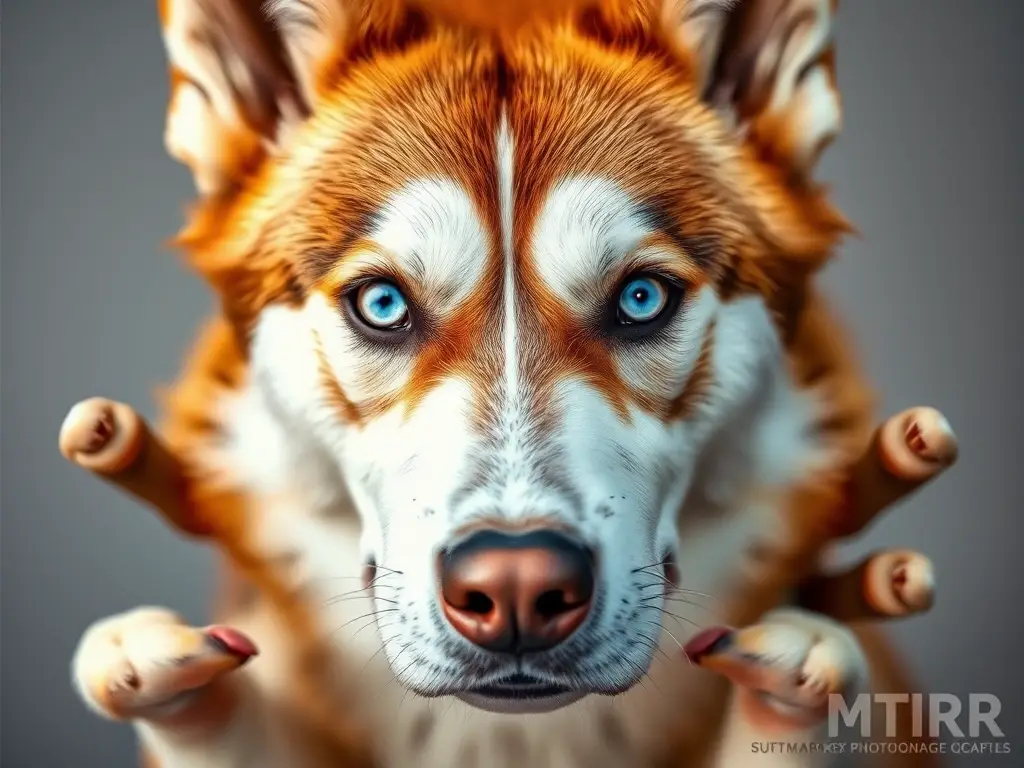 Foto realista de husky con ojos azules, majestuoso, por dentro