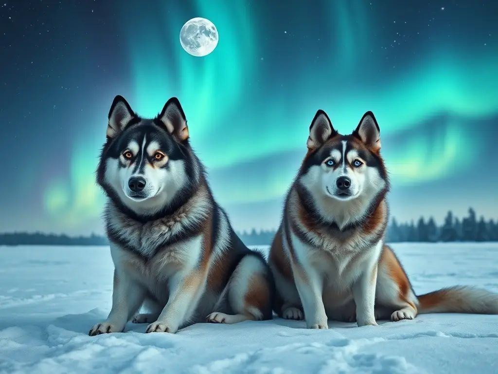 Dos huskies sentados bajo aurora en nieve