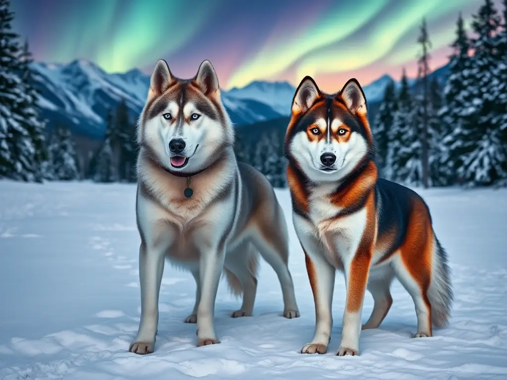 Dos huskies majestuosos bajo aurora boreal