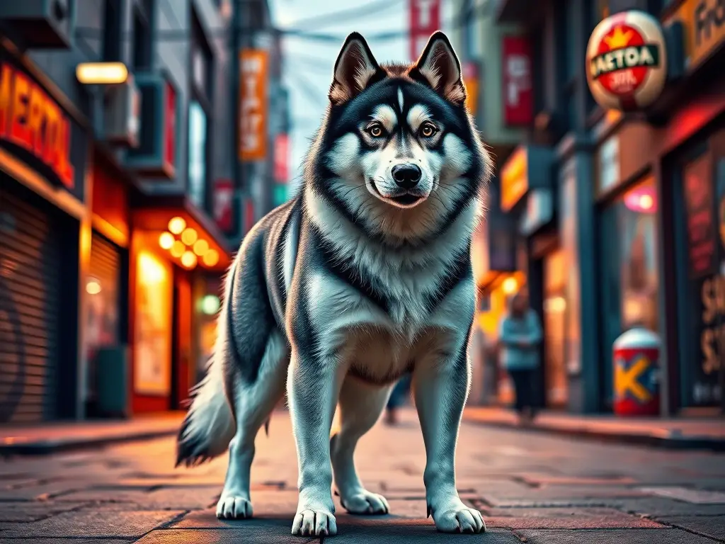Un husky con apariencia realZor, con detalles impecables en una escena urbana
