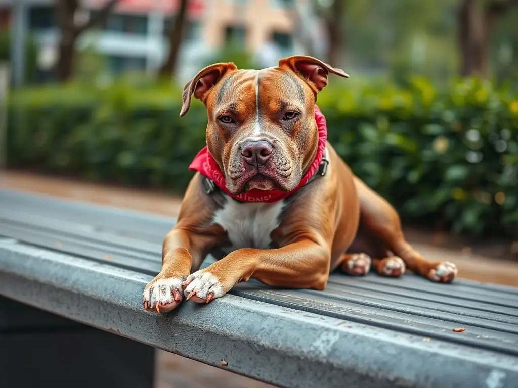 Fotografía detallada de un pitbull en una bandana roja, relajado en un banco