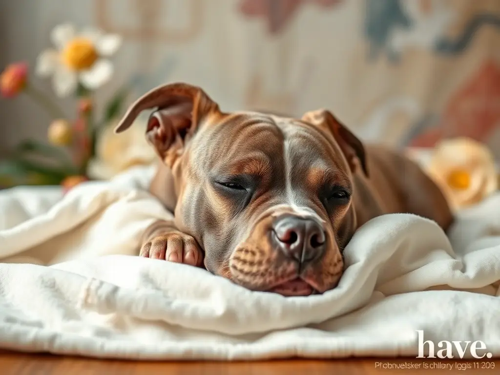 Fotografía realistic y detallada de un pitbull cariñoso, descansando sobre una manta blanca
