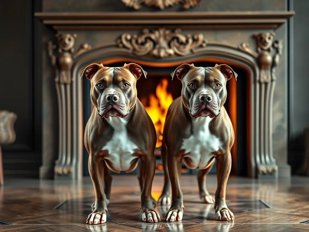 Fotografía realista de dos pitbulls con fireplace, en colores suaves y detalles