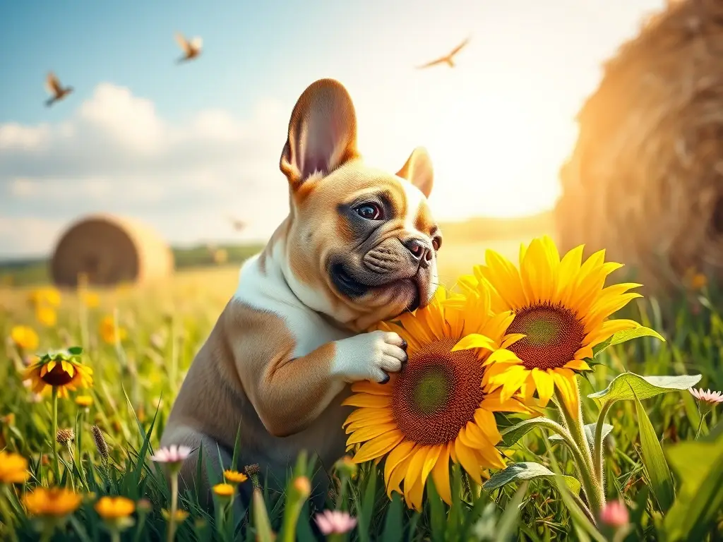 Un cachorro de bulldog francés juega alegremente en un prado