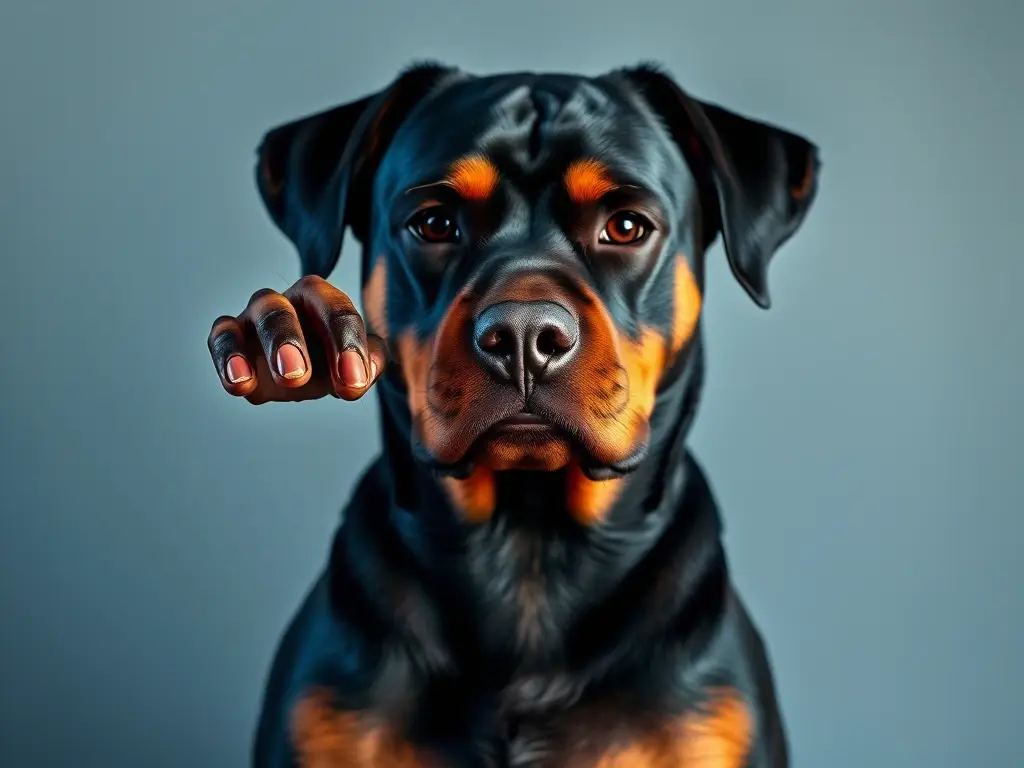 Imagen realista de Rottweiler ajetreado con pose poderosa