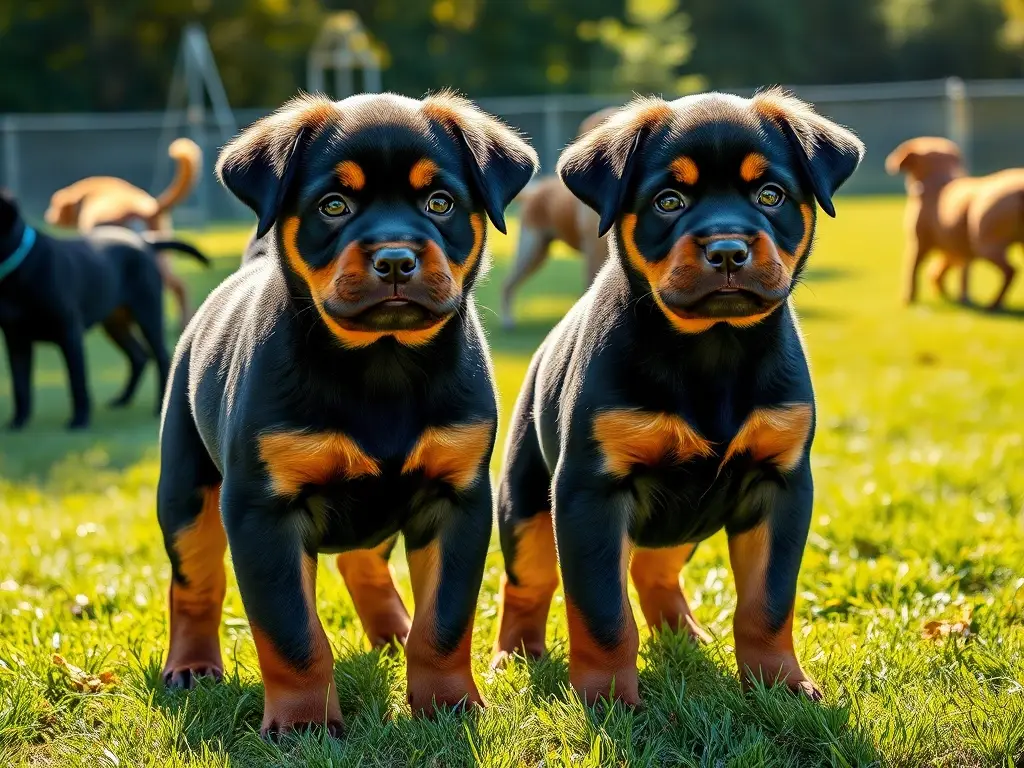 Una fotografía realista de dos cachorros de Rottweiler