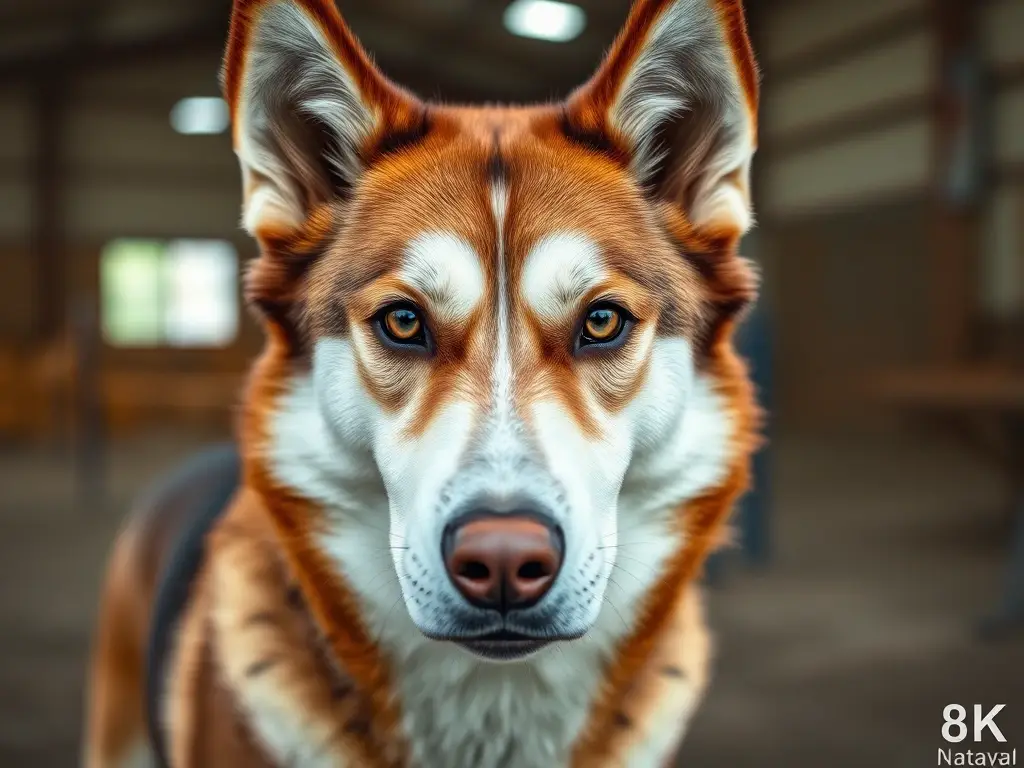 Foto realista de un husky con fiereza y detalle, sin texto ni marcas