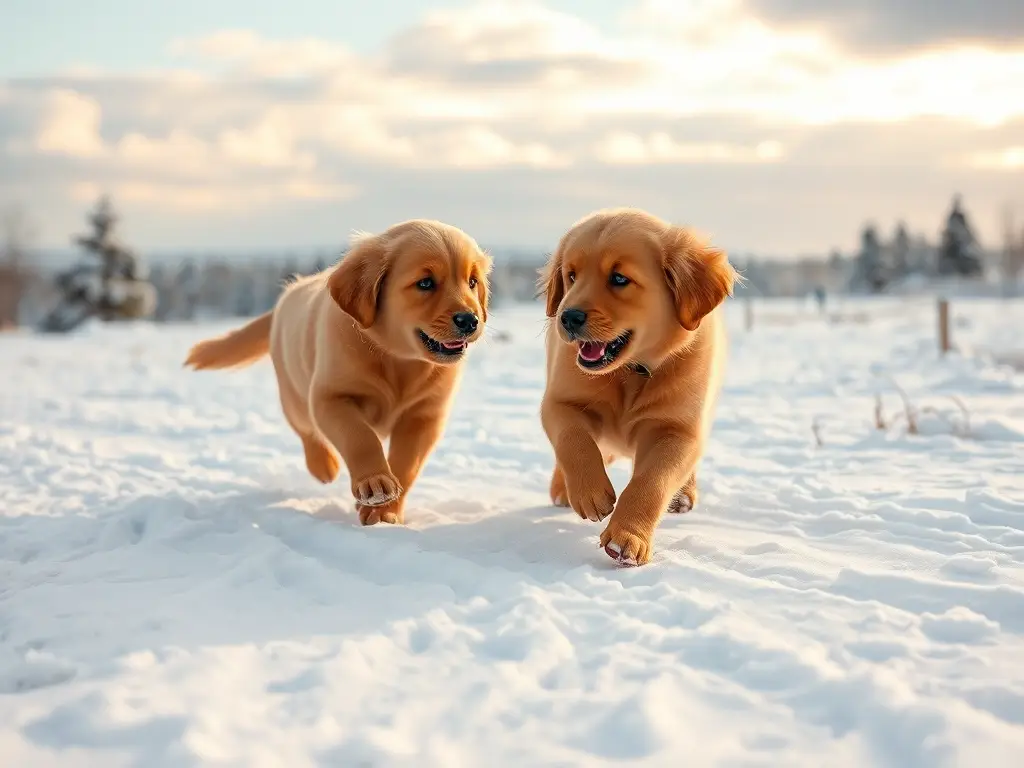 Dos puppies de retriever dorados juegan en un campo de nieve