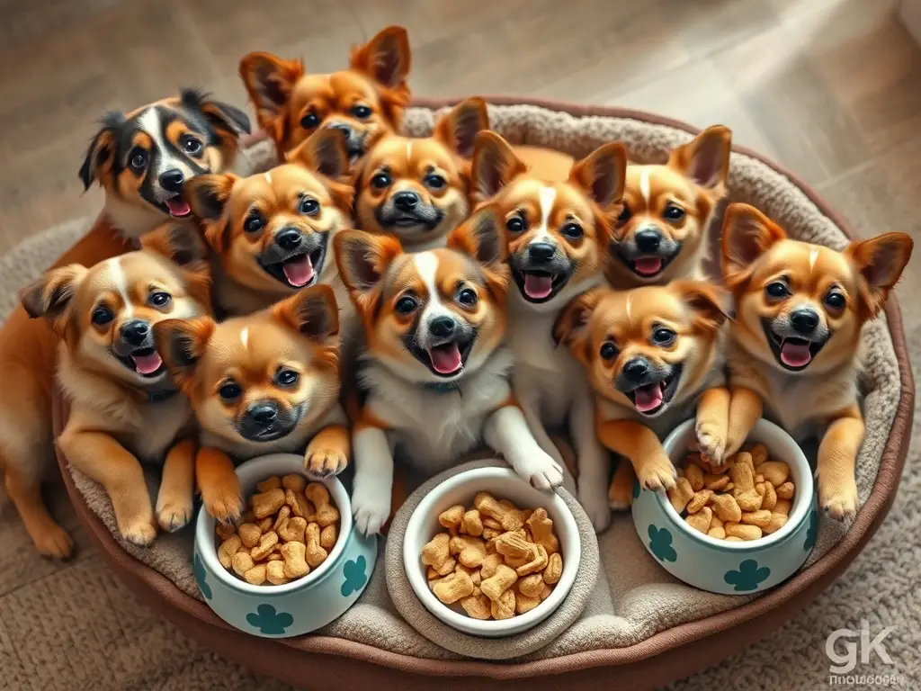 Fotorealista de 12 perros cafe claro, juguetones, descansando con alimentos en una manta