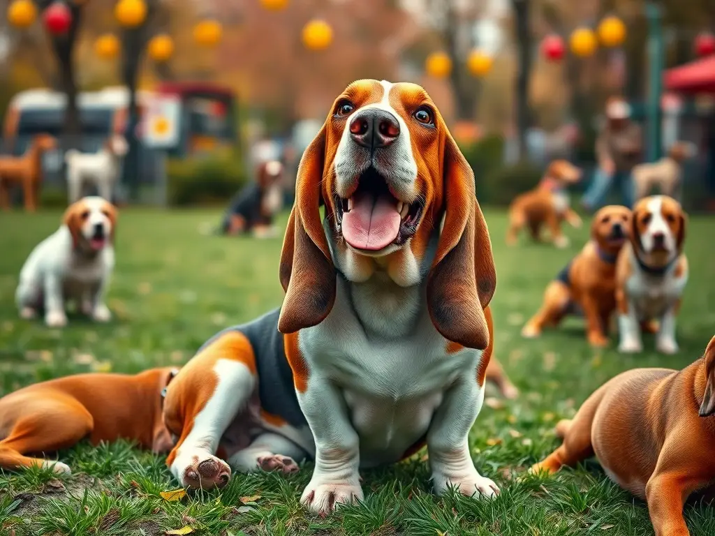 Foto realista de un basset feliz en un parque para perros, 8k