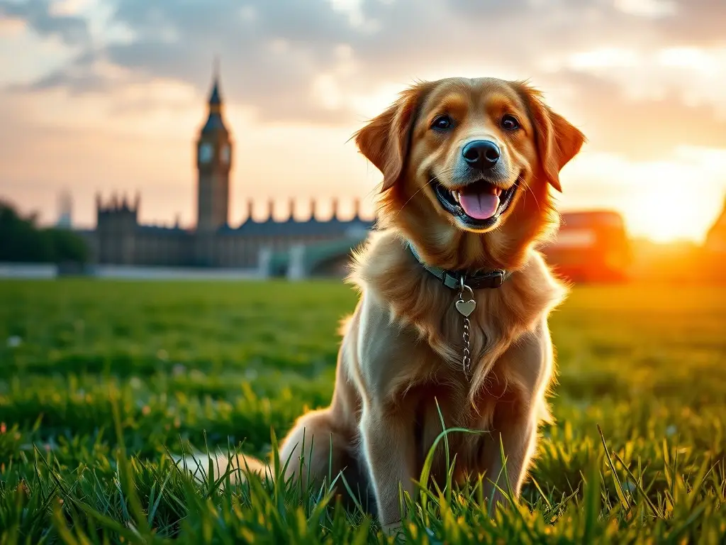 Perro feliz en prado al amanecer