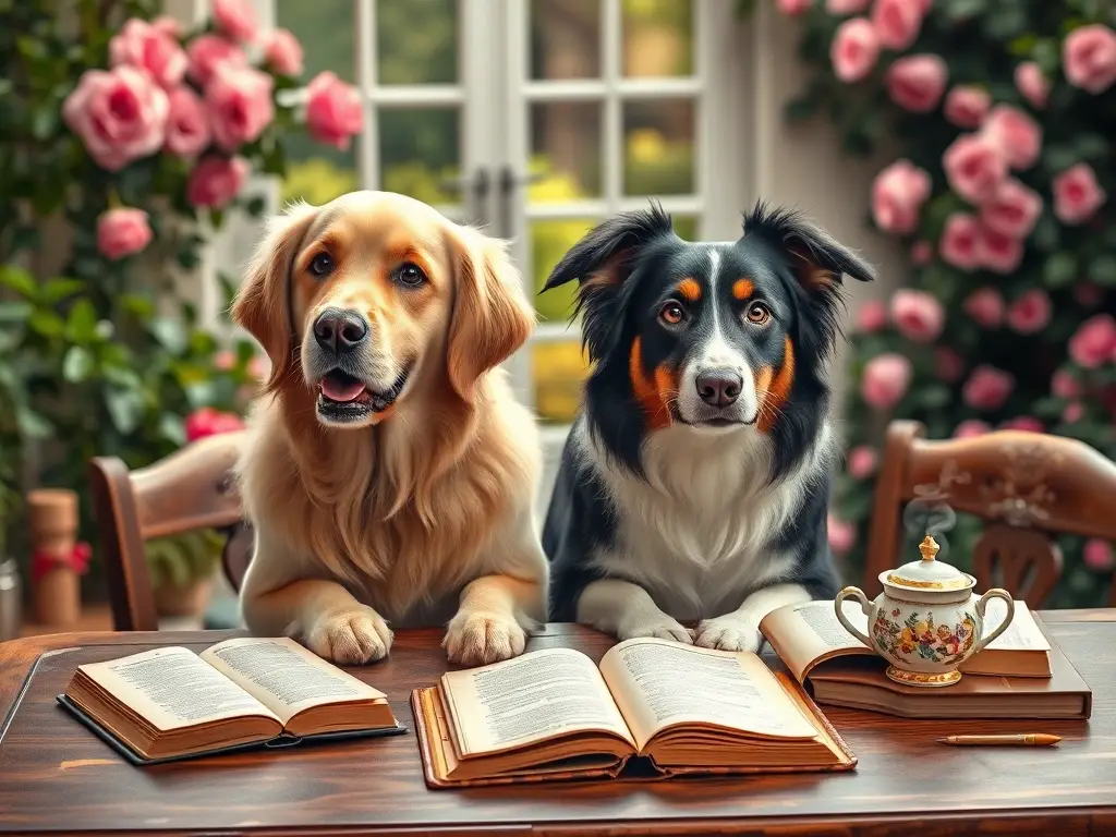 Retrato realista de dos perros en escritorio