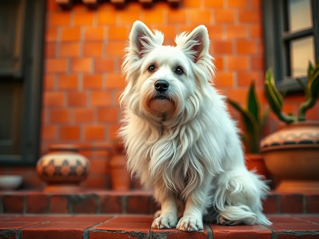 Fotografía realista de un perro blanco mexicano en una casa de azulejos