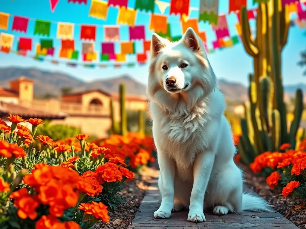 Perro blanco, retrato fotorrealista en jardín mexicano