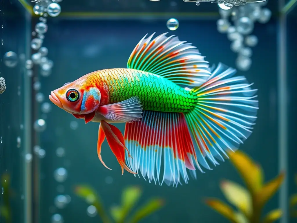 Foto real de un betta con nombre en una jaula de agua cristalina