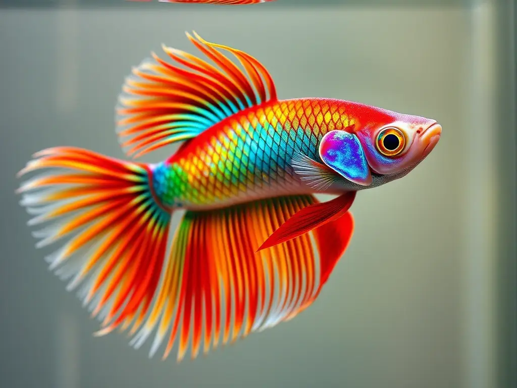 Fotografía realista de un betta con escamas de arcoíris