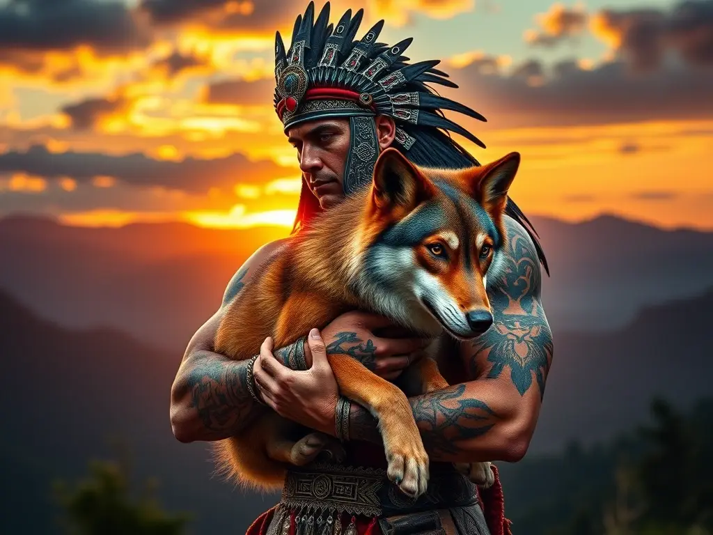 Un retrato realista de un guerrero aztecas con un lobo mexicano