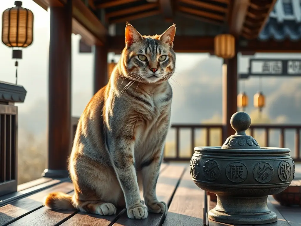 Gato majestuoso en porche hanok coreano