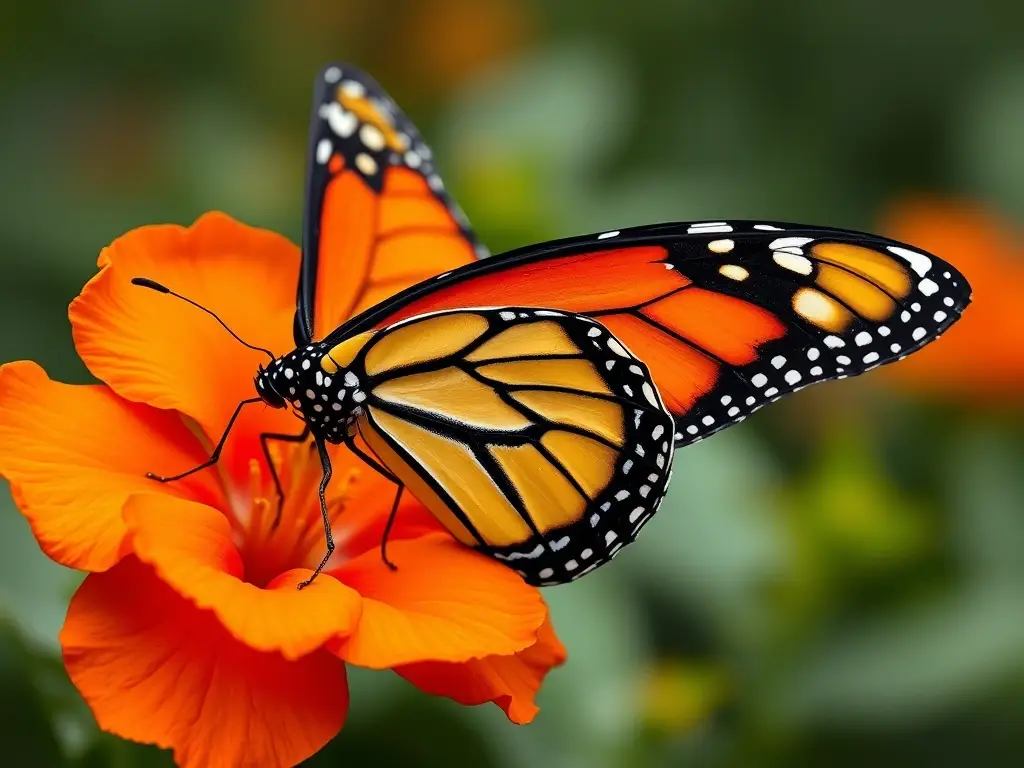 Ilustración de mariposa monarca realista y detallada tomando néctar de flor