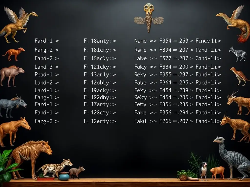 Foto realista de animales extintos en una pizarra, con su contexto