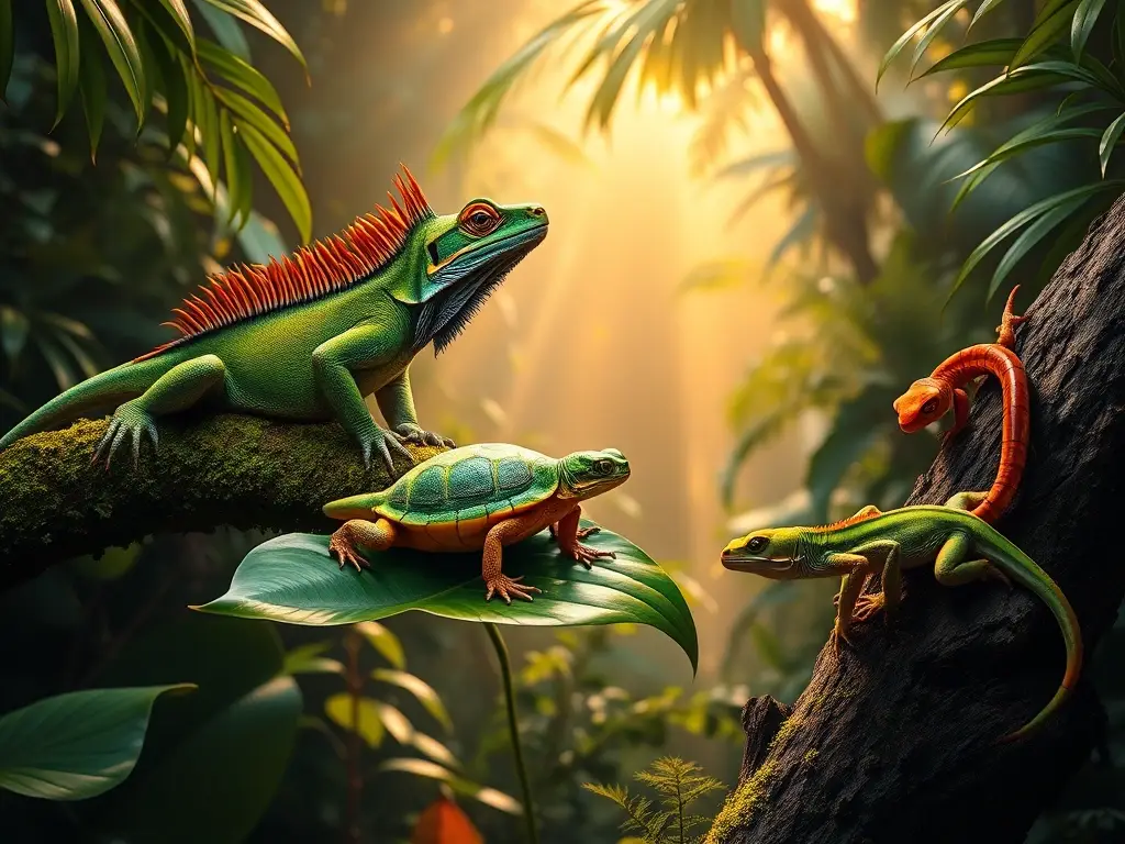 Reptiles exóticos en selva tropical fotorealista