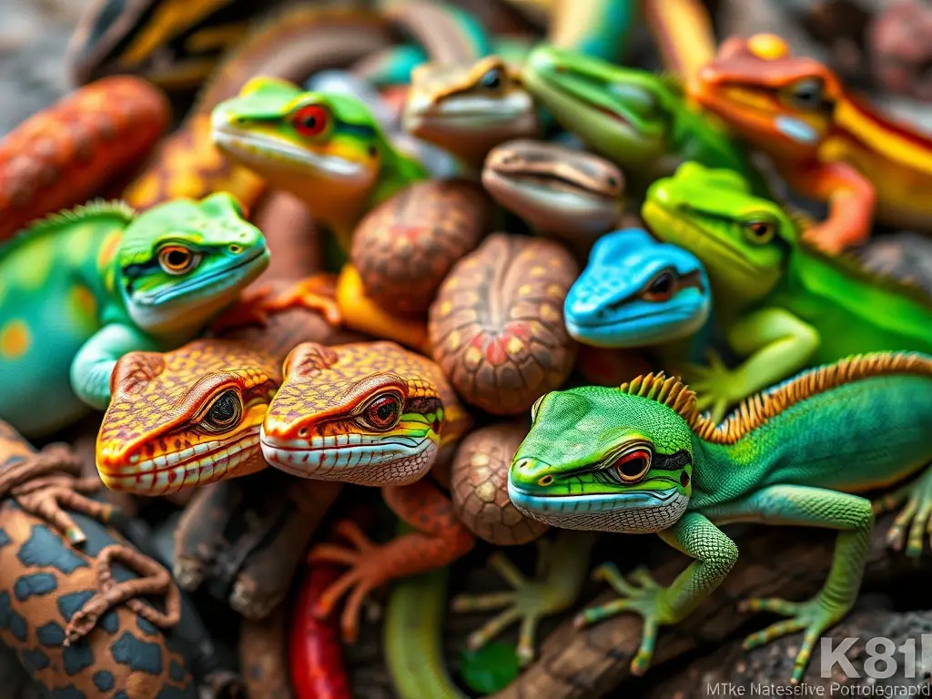 Foto realista de reptiles coloridos y diversos, con nombres que empiezan con F, con alta calidad