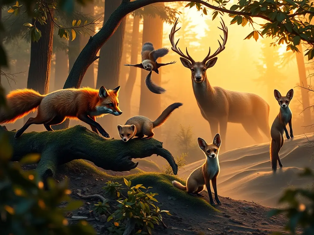 Bosque dorado con diversos animales hiperrealistas