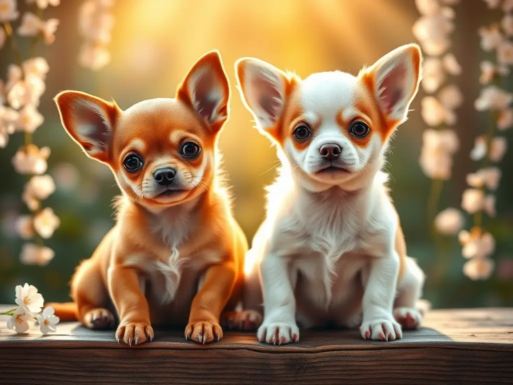 Dos cachorros Chihuahua sobre madera, iluminados