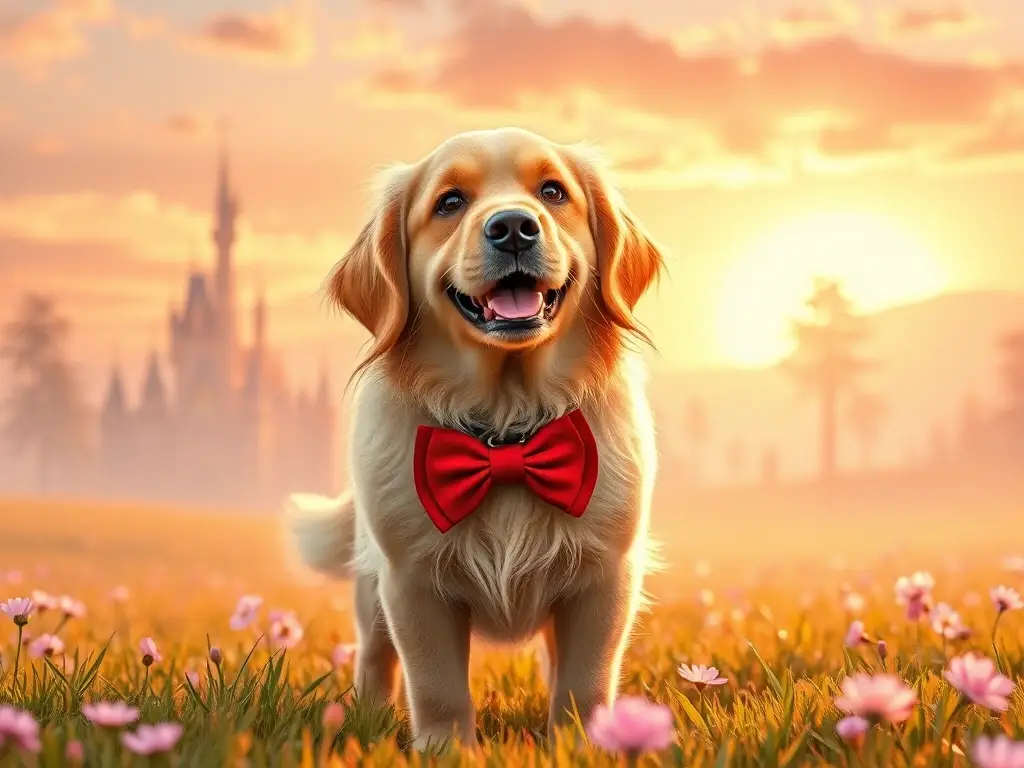 Golden retriever con moño rojo