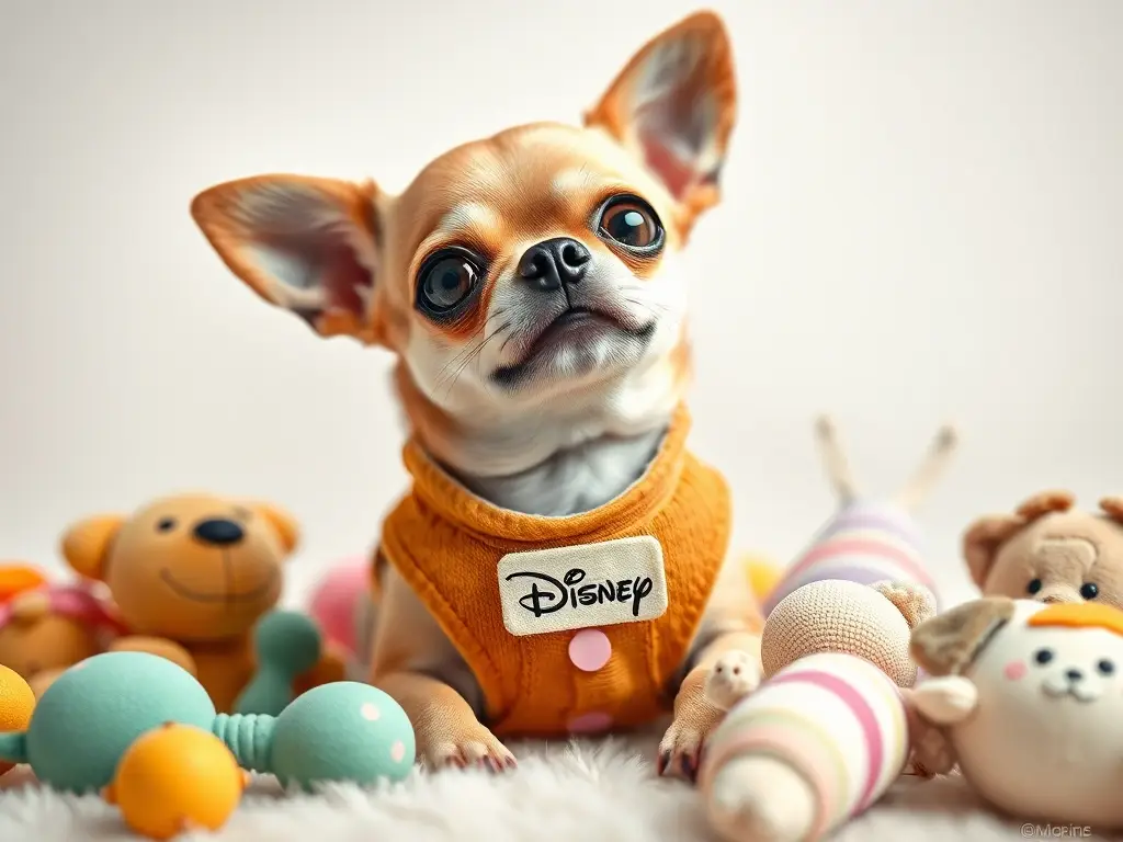 Photorealistic portrait of a chihuahua con Disney-inspired tag