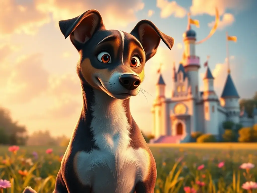 Perro carismático en prado junto castillo mágico