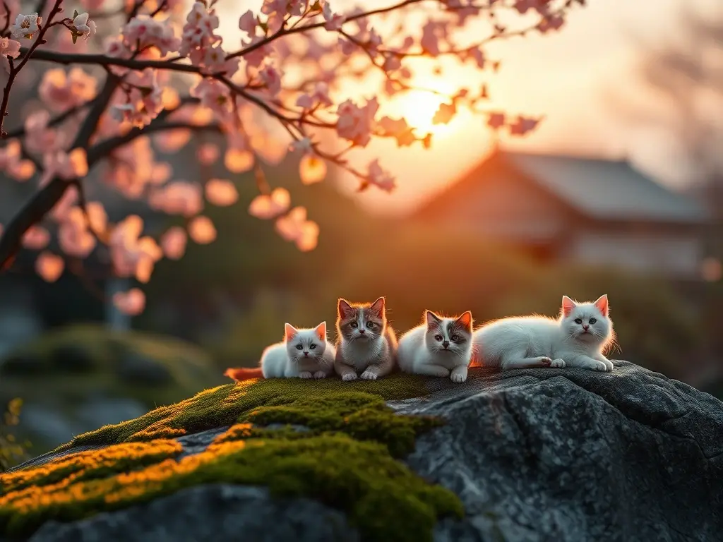 Un jardín japonés surrealista con gatos japoneses elegantes