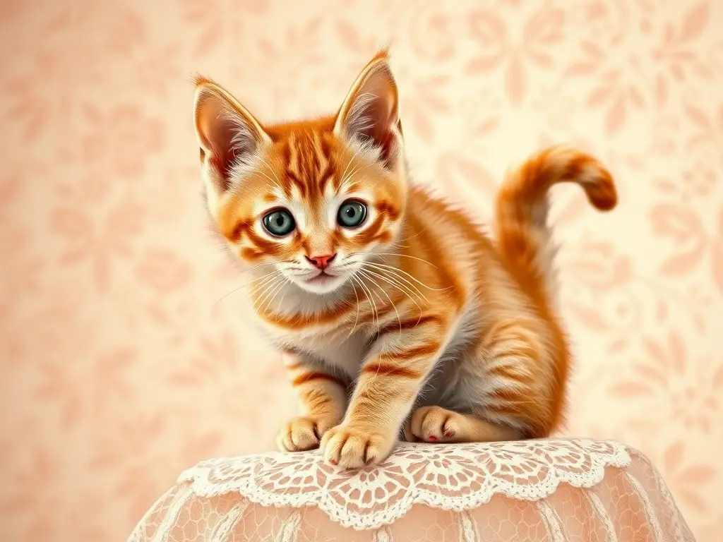 Un tabby juguetón y contemplativo, sentado en un doily de encaje