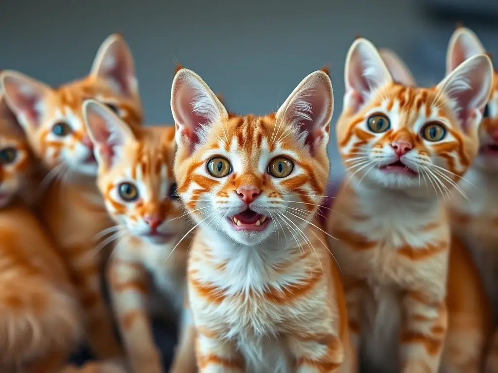 Imagen de gatos naranja meticulosamente cruzados, sonriendo y jugando