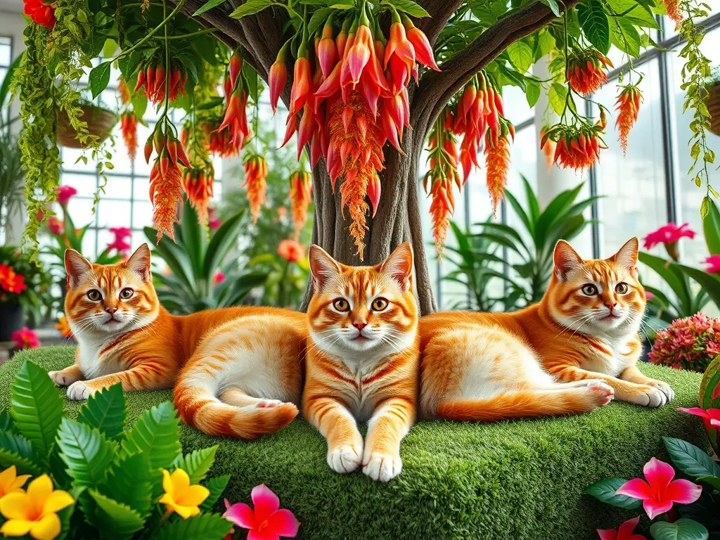 Un retrato fotográfico realista de tres gatos naranjas descansando en un jardín moderno