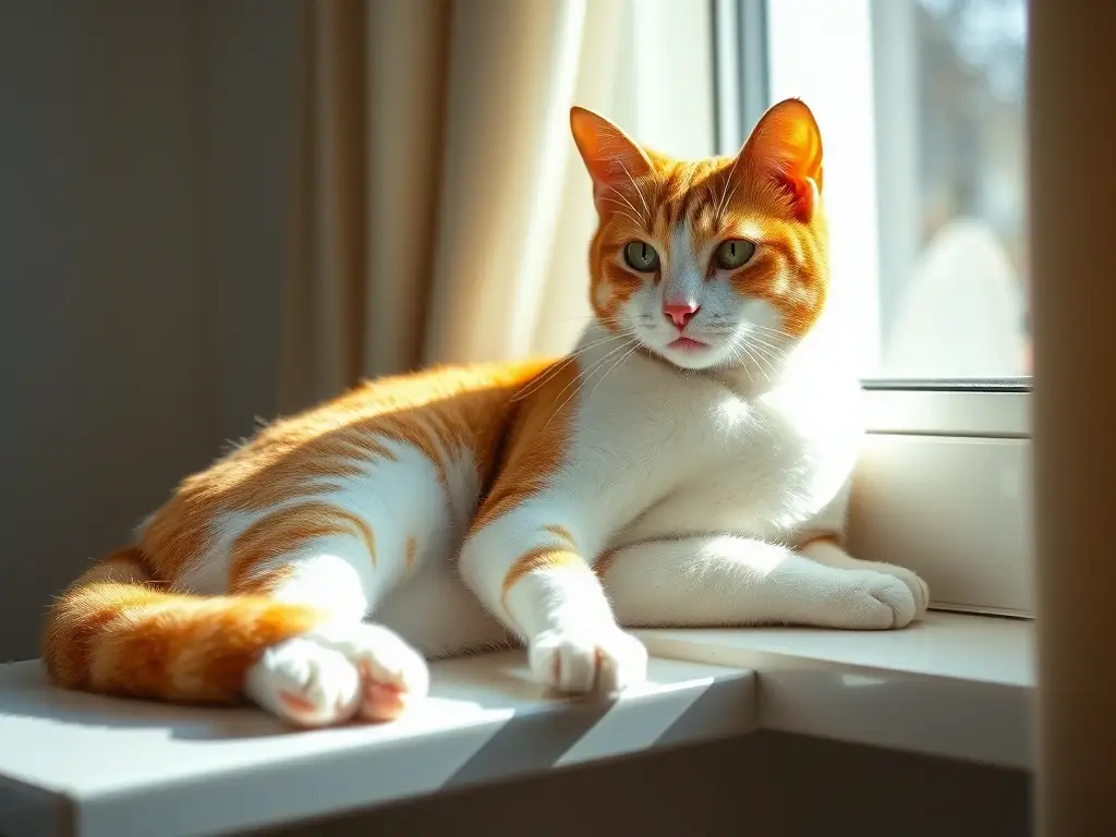 Un gato tabby de color blanco y naranja está en un sillón rayado con sol