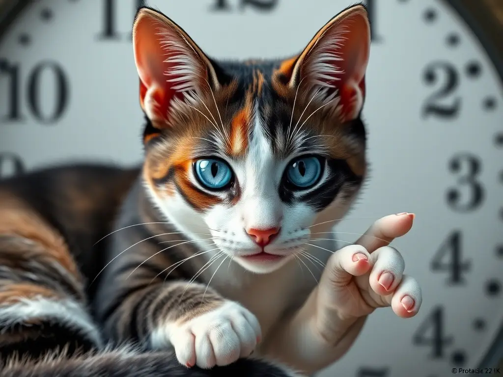 Ilustración fotorealista de un gato de colores con ojos azules y plumaje fino y natural